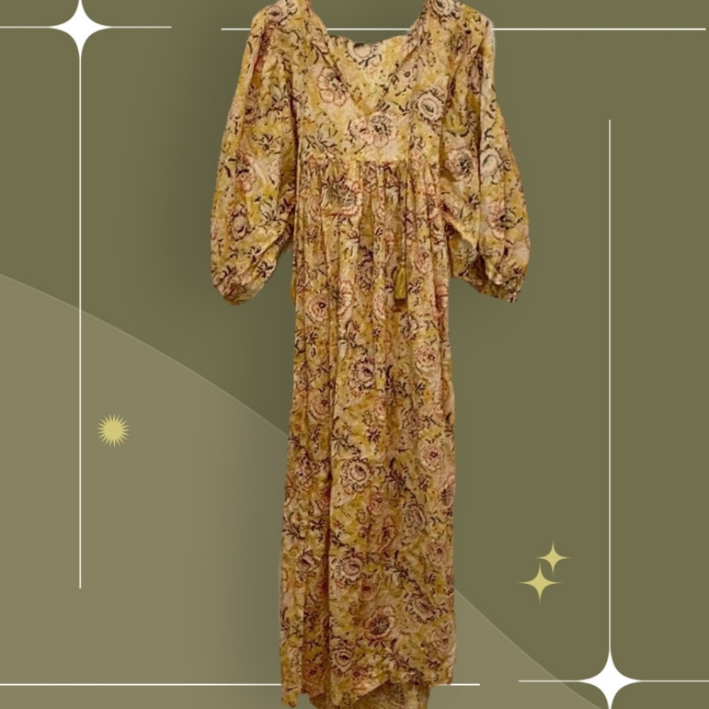 🍋✨ gardenbelle Emilia Hand Block Printed Organic Cotton Maxi Dress Osfm